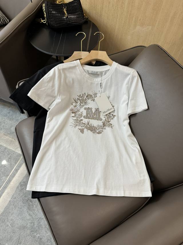 新款t恤 Max Mara 顶级复制 1:1 定制版 刺绣花环 M字母 短袖t恤 黑色 白色 Sml